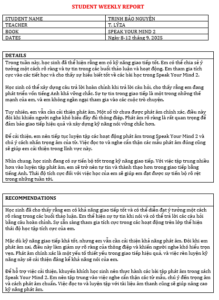 Báo cáo tiến độ hàng tuần/ tháng tại khóa tiếng anh online 1:1 - Fly Future