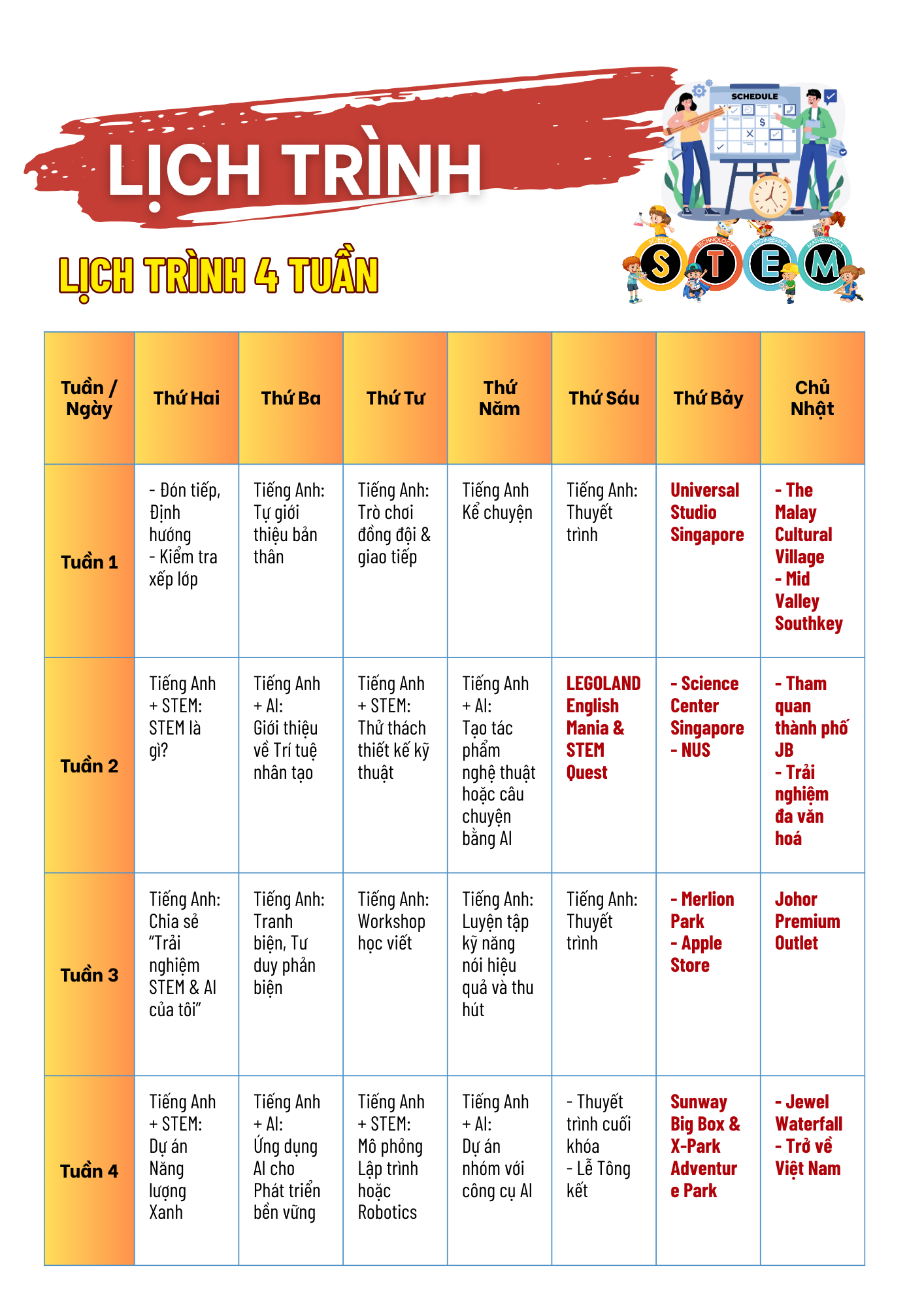 Trại hè Quốc tế Johor Bahru - Singapore 2026 - Lịch trình 4 tuần